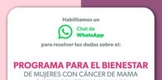 Ofrece Bienestar información por WhatsApp del programa mujeres con cáncer