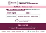 Vacunación COVID-19 para menores de 5 a 11 años en 4 municipios de Michoacán