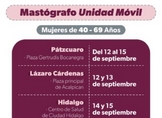 SSM REALIZARÁ MASTOGRAFÍAS GRATUITAS EN PÁTZCUARO, CIUDAD HIDALGO Y LC