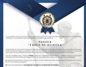 UMSNH ABRE CONVOCATORIA PARA LA PRESEA “VASCO DE QUIROGA” 2024