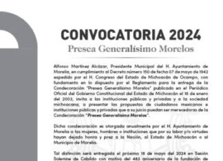 Abierta, convocatoria para Presea Generalísimo Morelos
