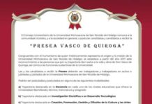 UMSNH invita a postular candidatas y candidatos a la “Presea Vasco de Quiroga”