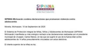 Llama SIPPINA a alcalde de Uruapan, desistir de amenazas contra la infancia