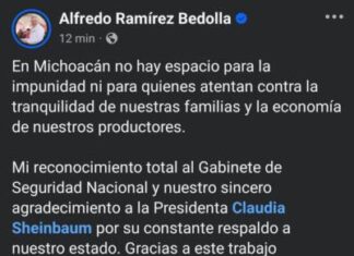 Reconoce Bedolla respaldo de Sheinbaum tras caída de “El Güicho” y afirma: no hay lugar para la impunidad en Michoacán